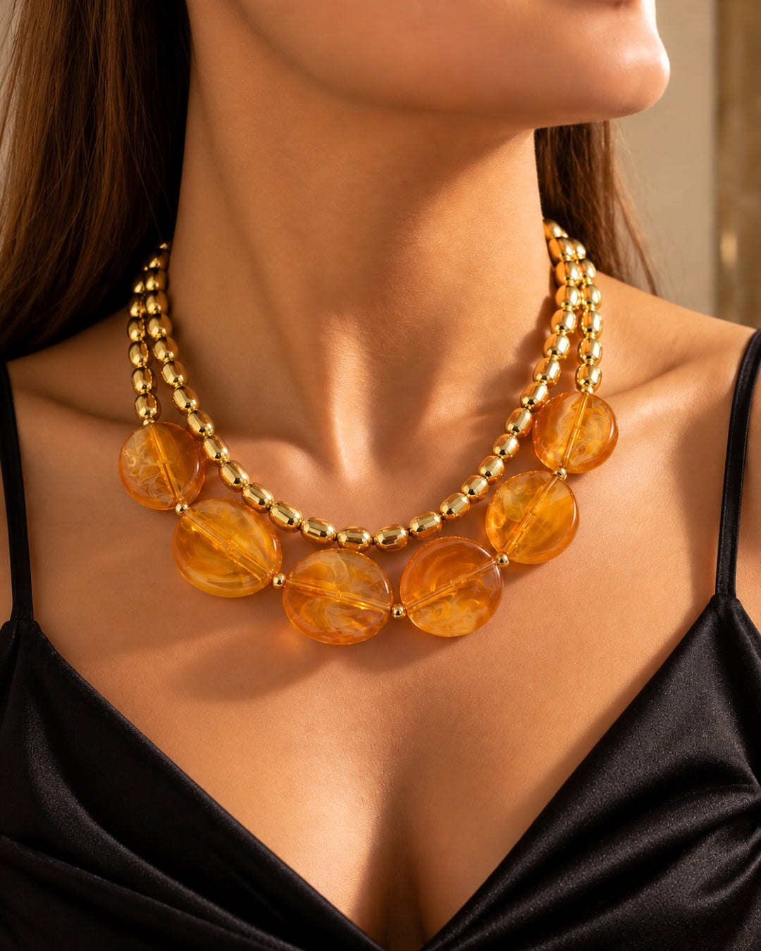 Resin Double Layer Brown Statement Necklace With Earrings