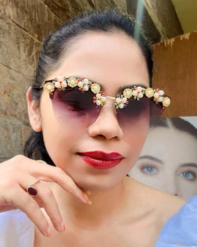 Purple Pearl Rhinestone Flower Studded Sunglasses