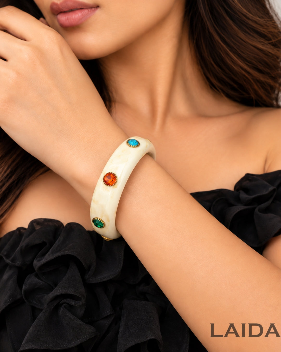 Resin Rhinestone - studded Acrylic Bangle Bracelet