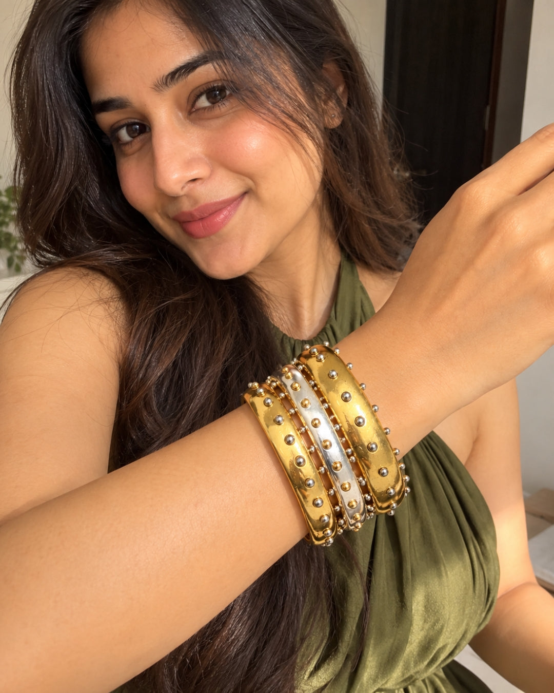 Vintage Two Tone Rivet Studded Bracelet Stack