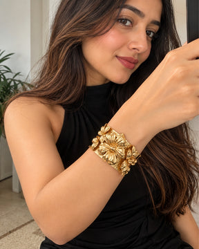 Golden Wide Texture Flower Cuff Bracelet