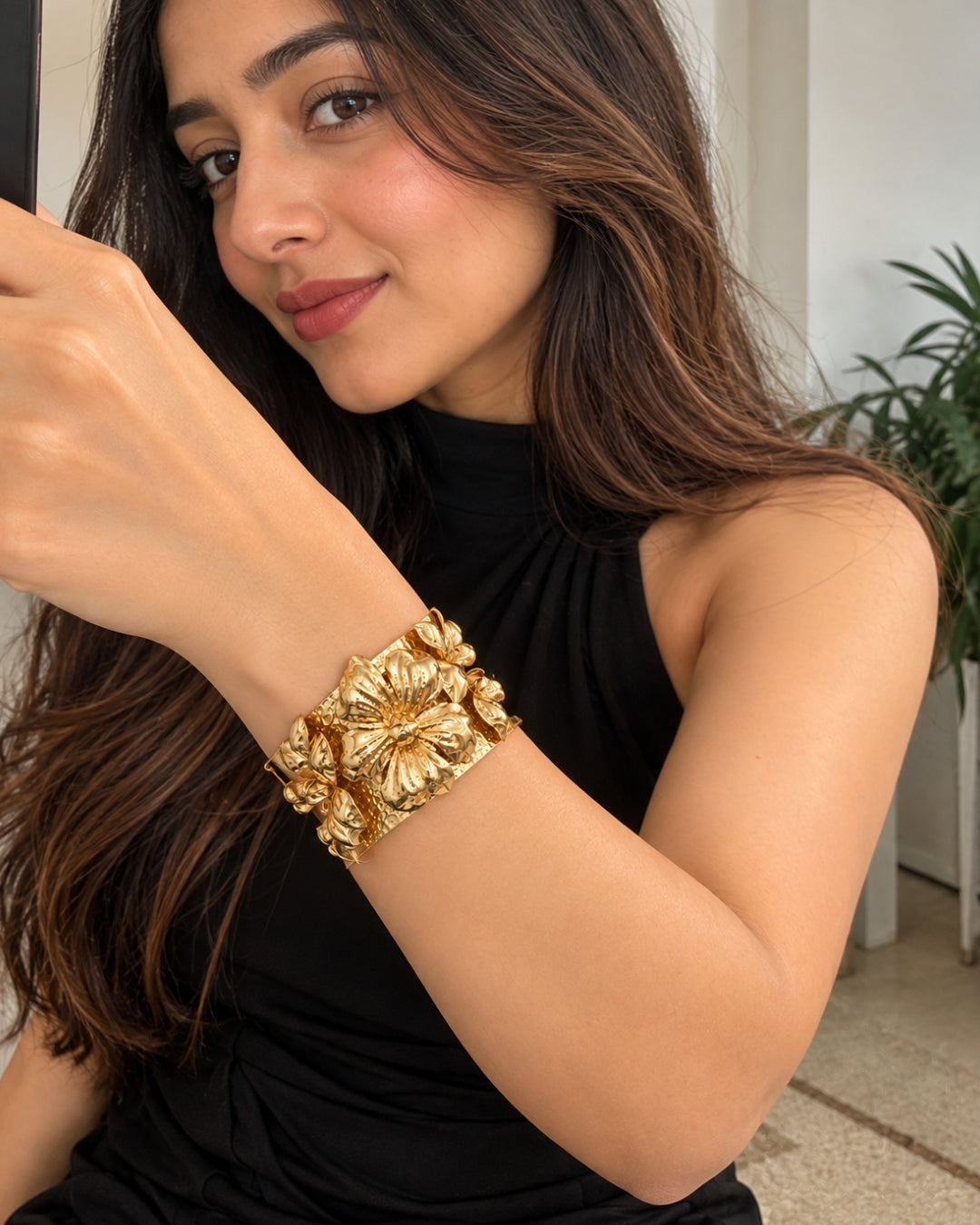 Golden Wide Texture Flower Cuff Bracelet