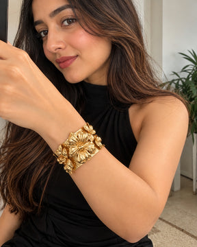 Golden Wide Texture Flower Cuff Bracelet