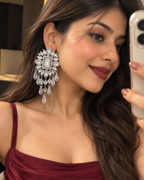 Flower Silver Glass Bead Tassel Drop Earrings