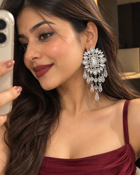 Flower Silver Glass Bead Tassel Drop Earrings