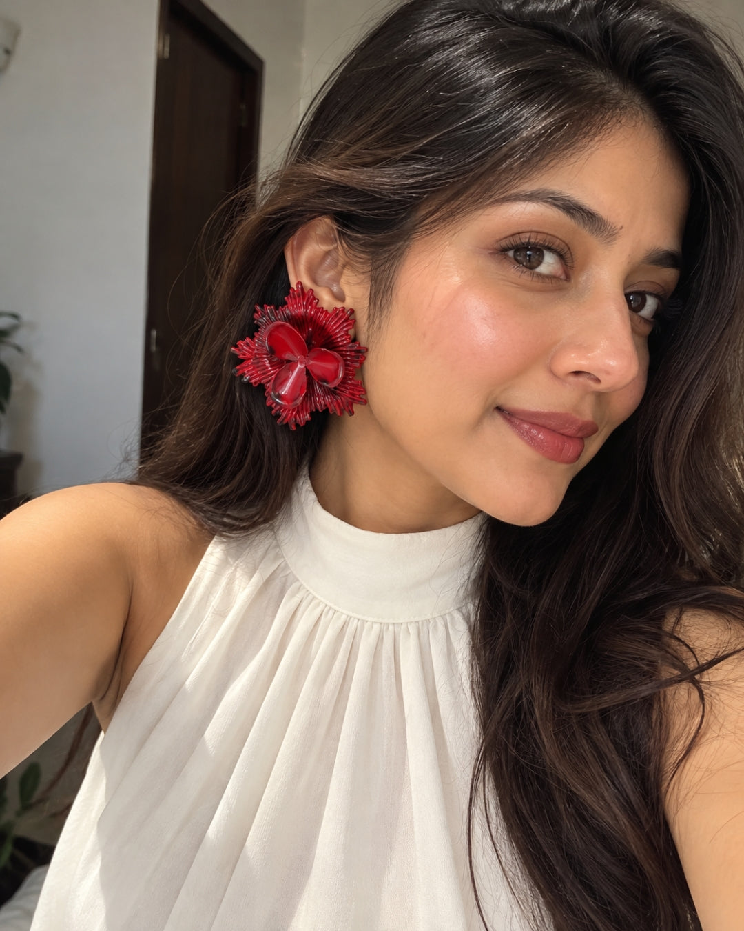 Maroon Chunky Flower Stud Earrings