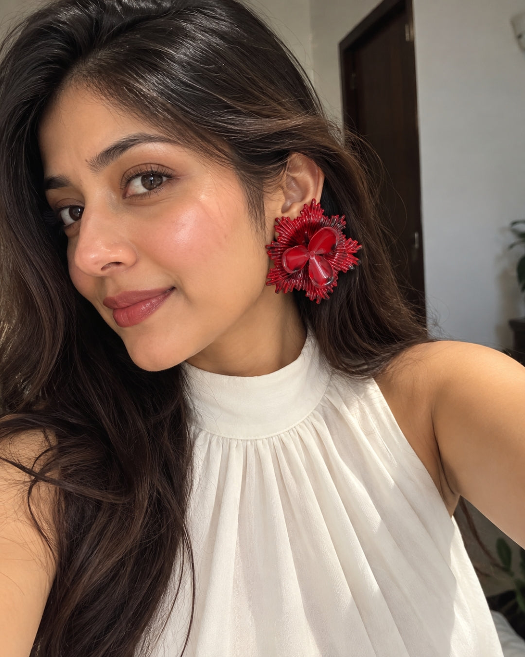 Maroon Chunky Flower Stud Earrings