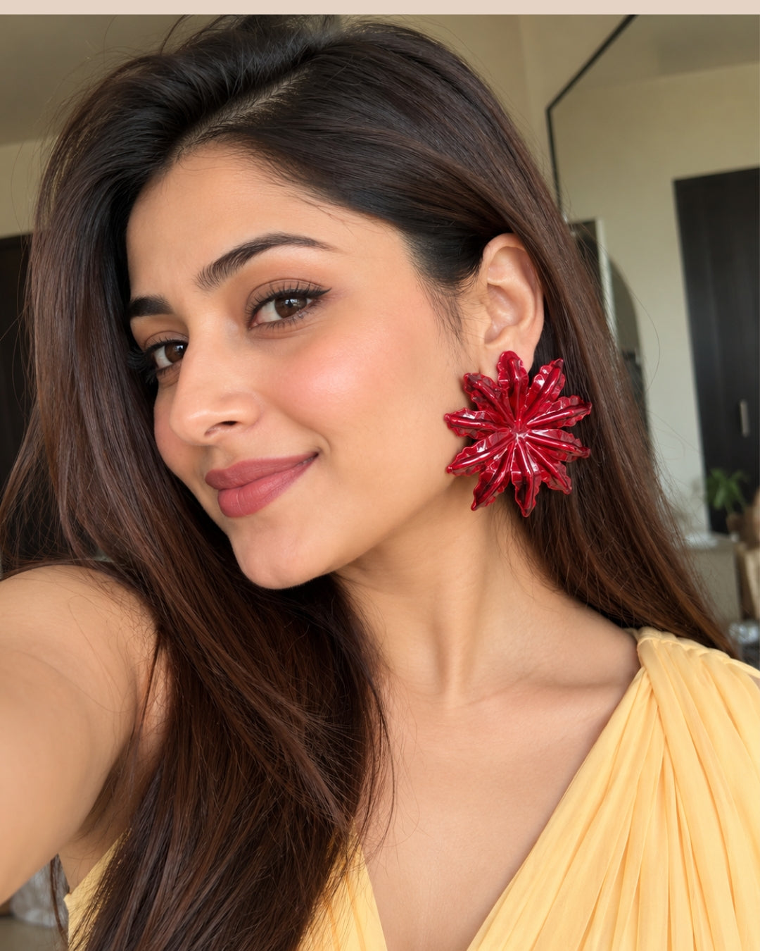 Maroon Glossy Flower Stud Earrings