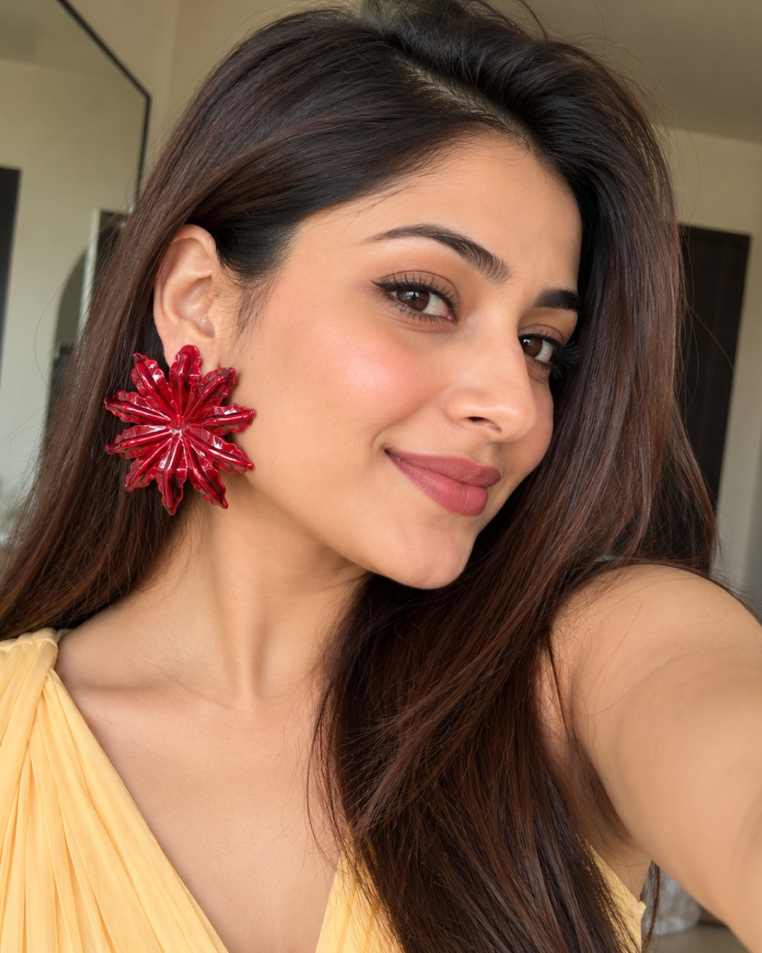Maroon Glossy Flower Stud Earrings