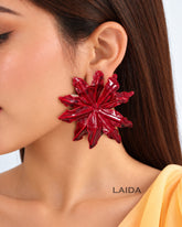 Maroon Glossy Flower Stud Earrings