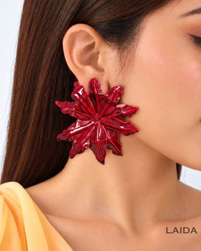 Maroon Glossy Flower Stud Earrings
