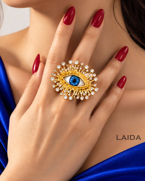 Golden Blue Evil Eye Crystal Finger Ring
