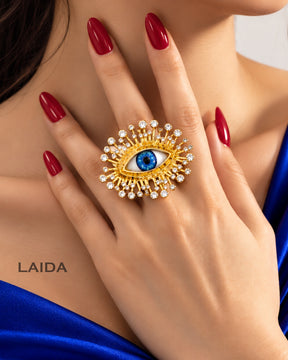 Golden Blue Evil Eye Crystal Finger Ring