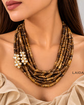 Vintage Flower Charm Brown Multi Layered Beaded Necklace