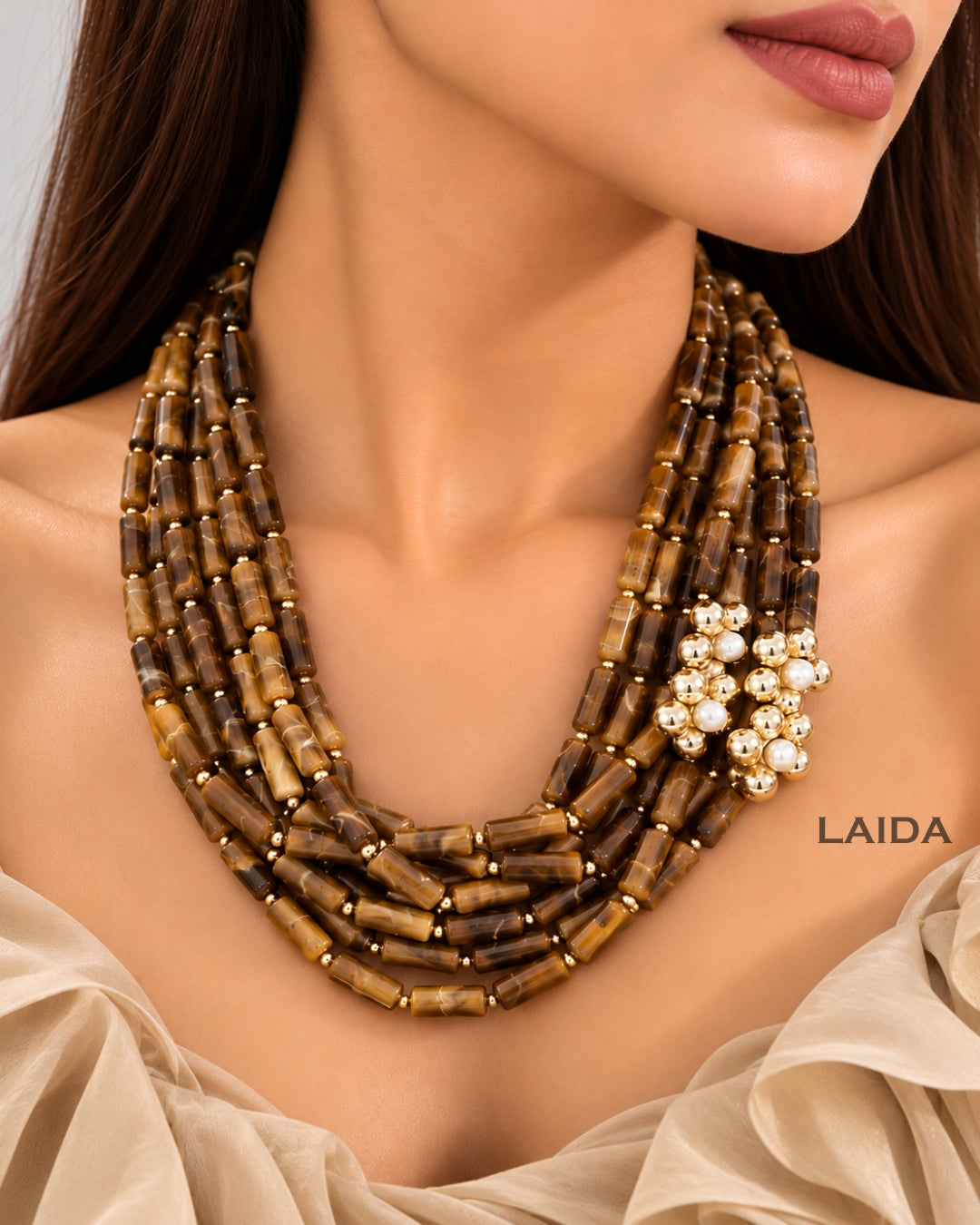 Vintage Flower Charm Brown Multi Layered Beaded Necklace
