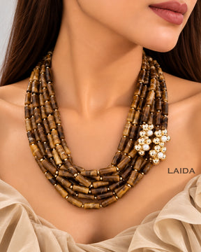 Vintage Flower Charm Brown Multi Layered Beaded Necklace