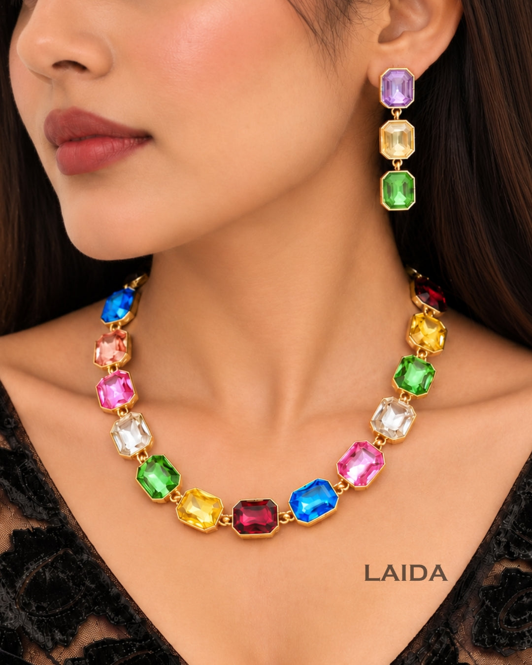 Multicolor Square Crystal Statement Necklace With Earrings