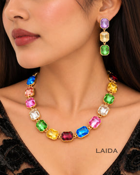 Multicolor Square Crystal Statement Necklace With Earrings