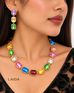 Multicolor Square Crystal Statement Necklace With Earrings