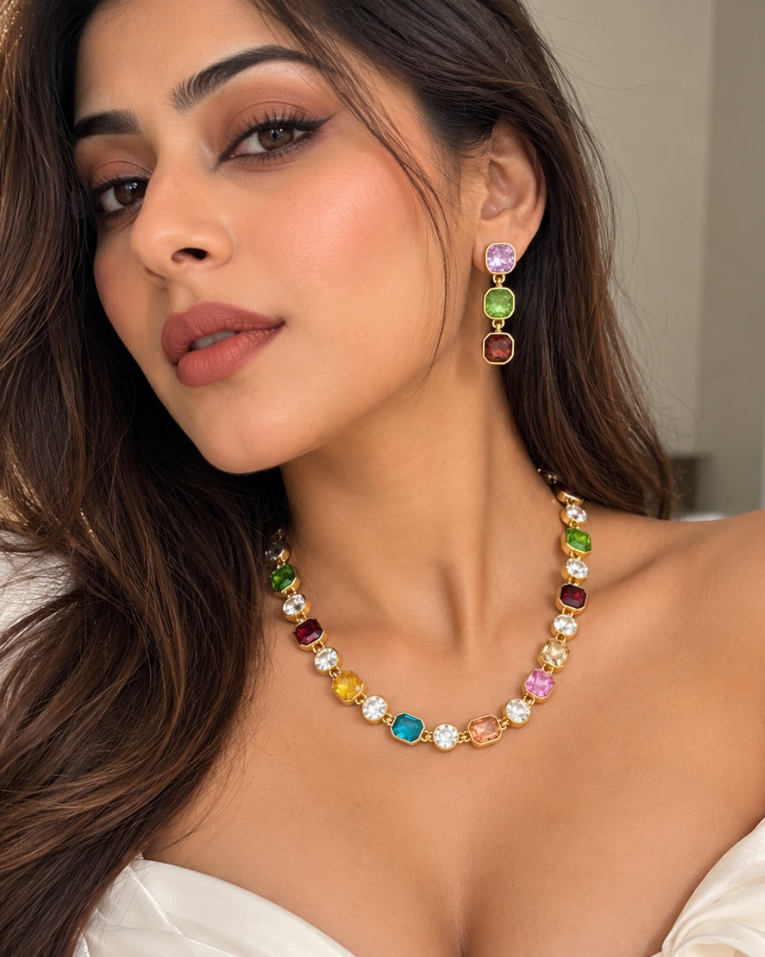 Multicolor Crystal Statement Necklace With Earrings