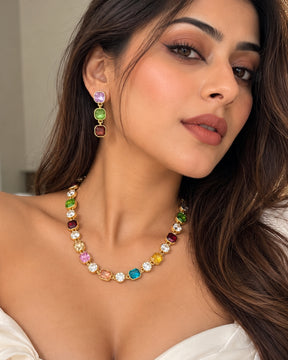 Multicolor Crystal Statement Necklace With Earrings