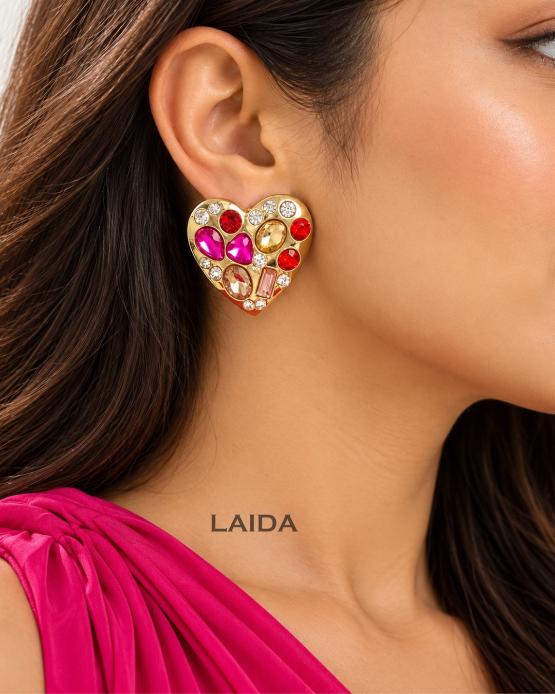 Crystal Ruby Heart Stud Earrings