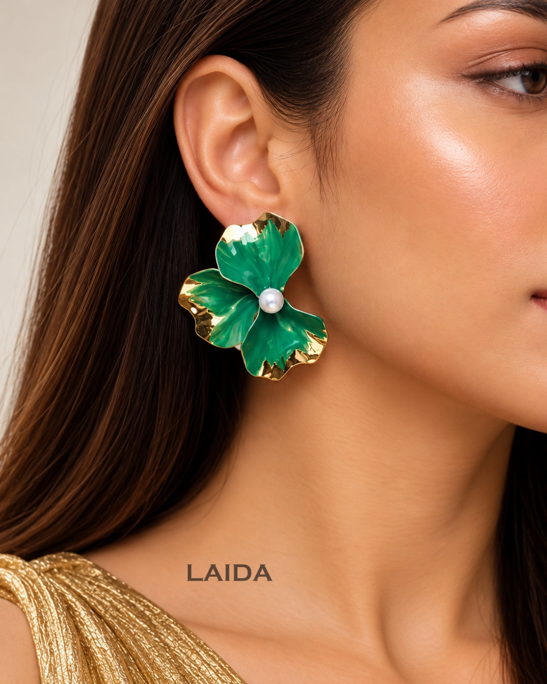 Green Flora Pearl Stud Earrings