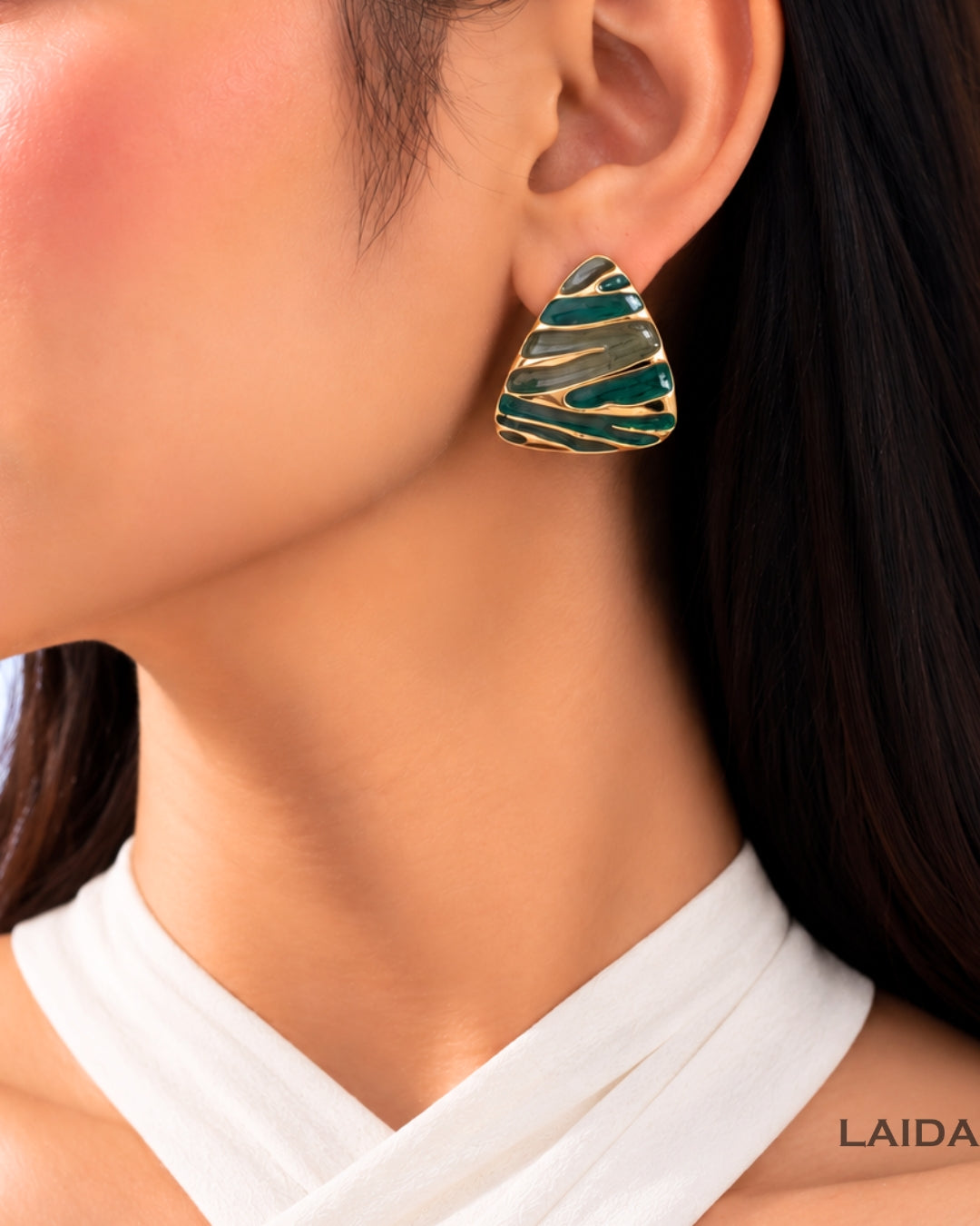 Green Wave Triangle Stud Earrings