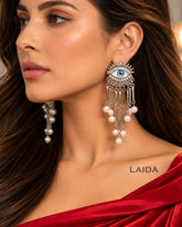 Silver Pearl Fringed Turquoise Evil Eye Drop Earrings