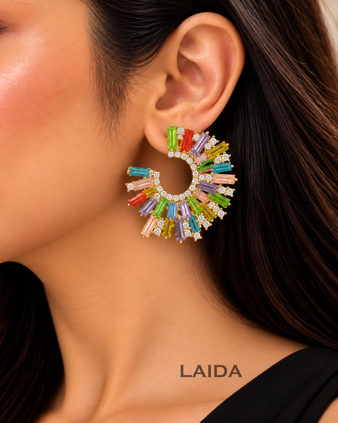 Rhinestone Half Moon Multicolor Earrings