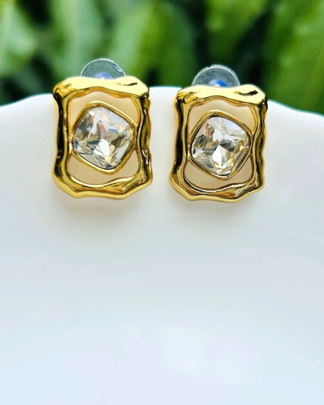 Crystal Square Golden Stud Earrings