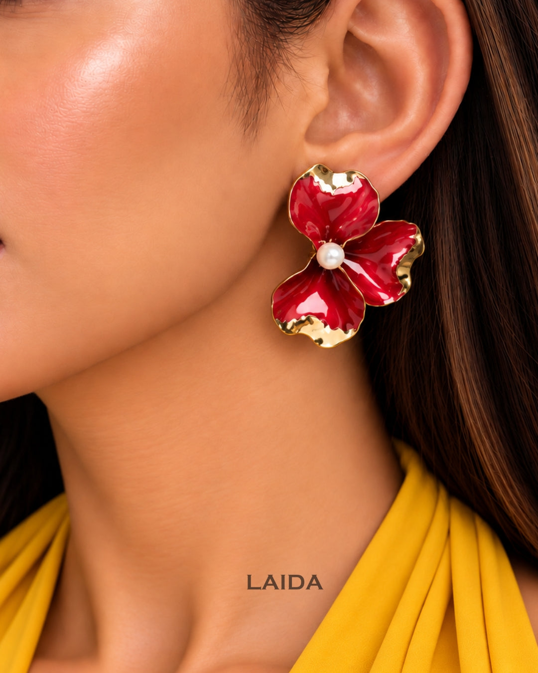 Red Flora Pearl Stud Earrings