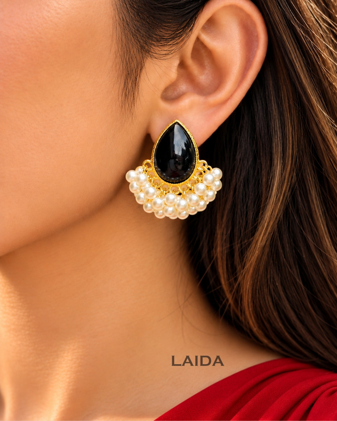 Black Drop Pearl Stud Earrings