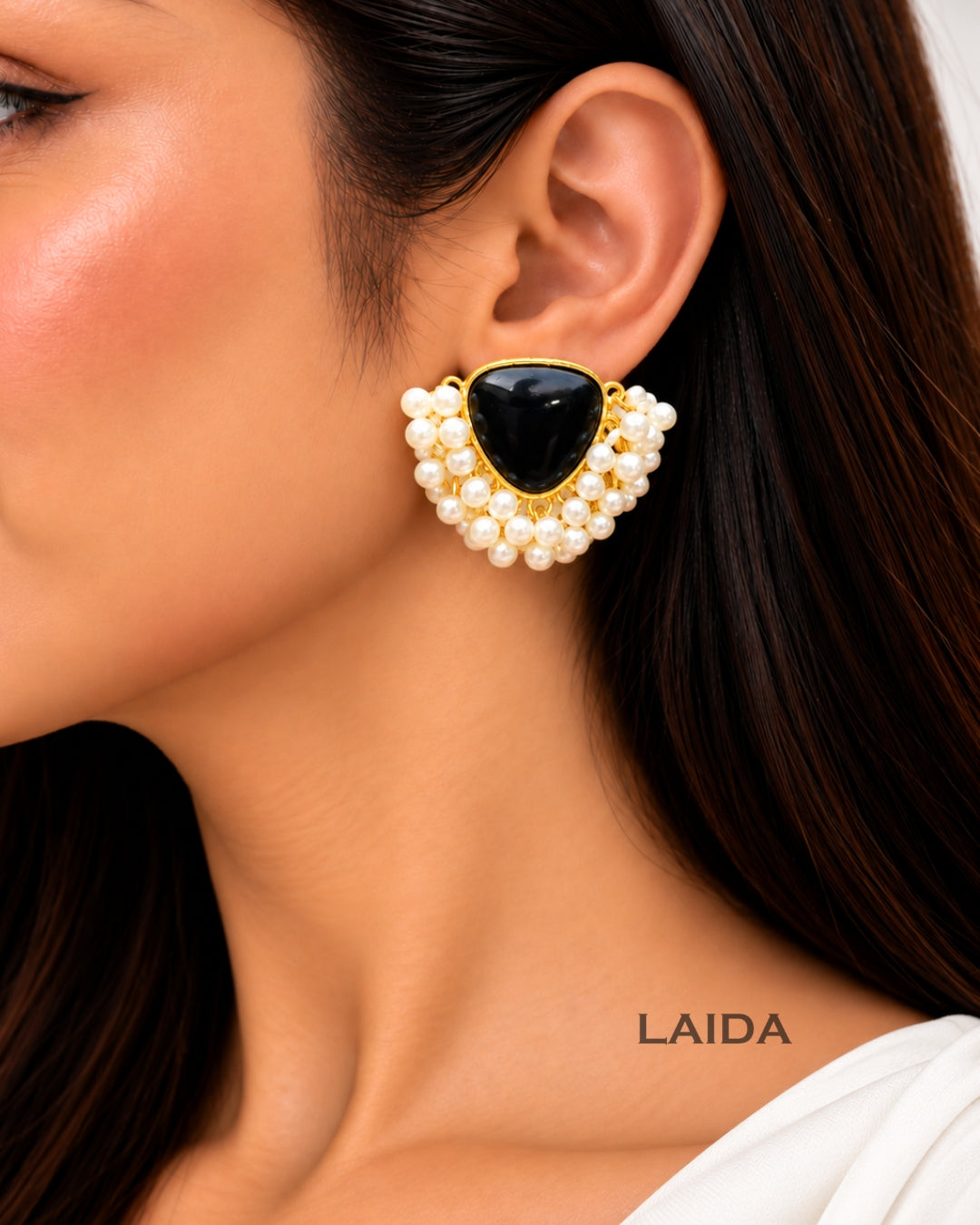 Black Triangle Pearl Stud Earrings