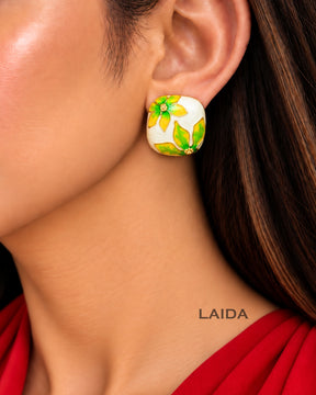Square Floral Green Stud Earrings