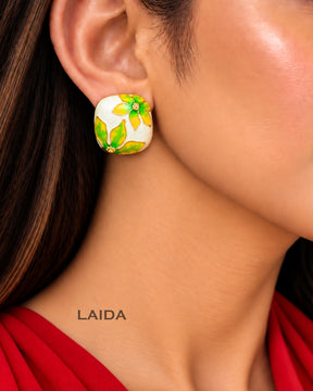 Square Floral Green Stud Earrings