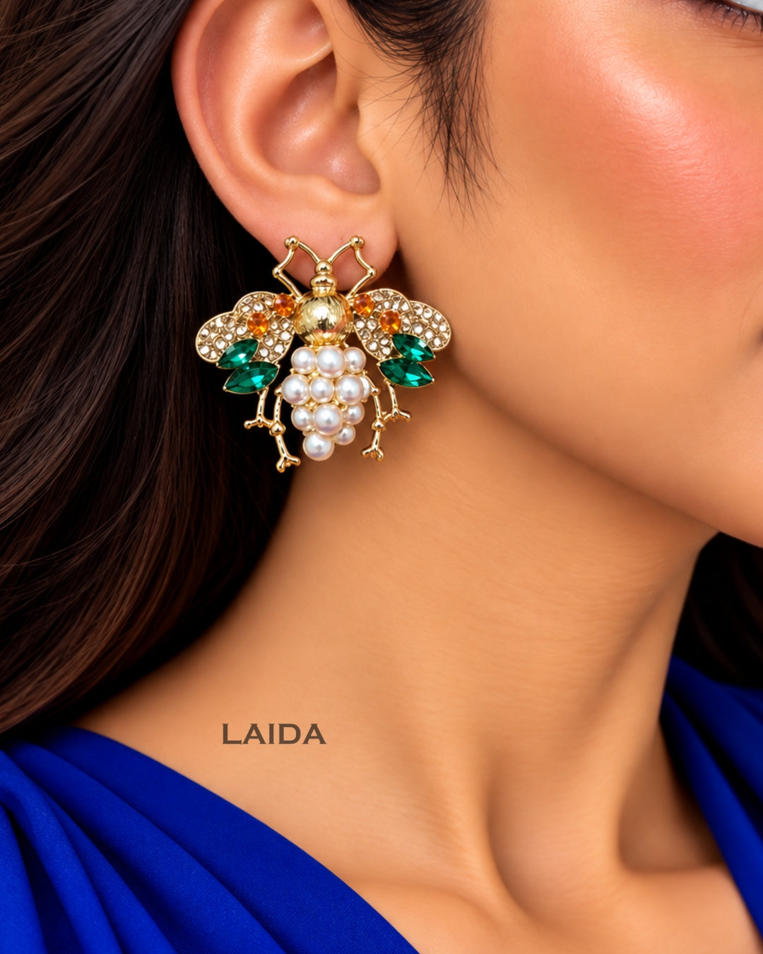 Crystal Pearl Bee Stud Earrings