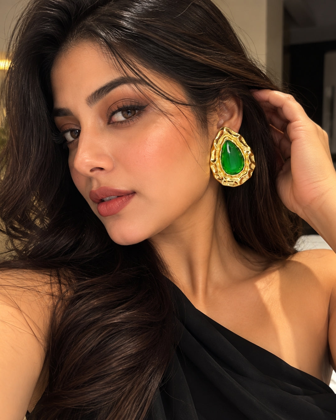 Green Teardrop Stud Earrings