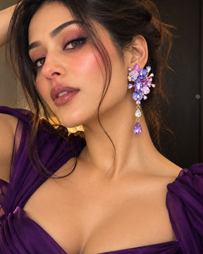 Purple Rhinestone Flower Tassel Drop Earrings