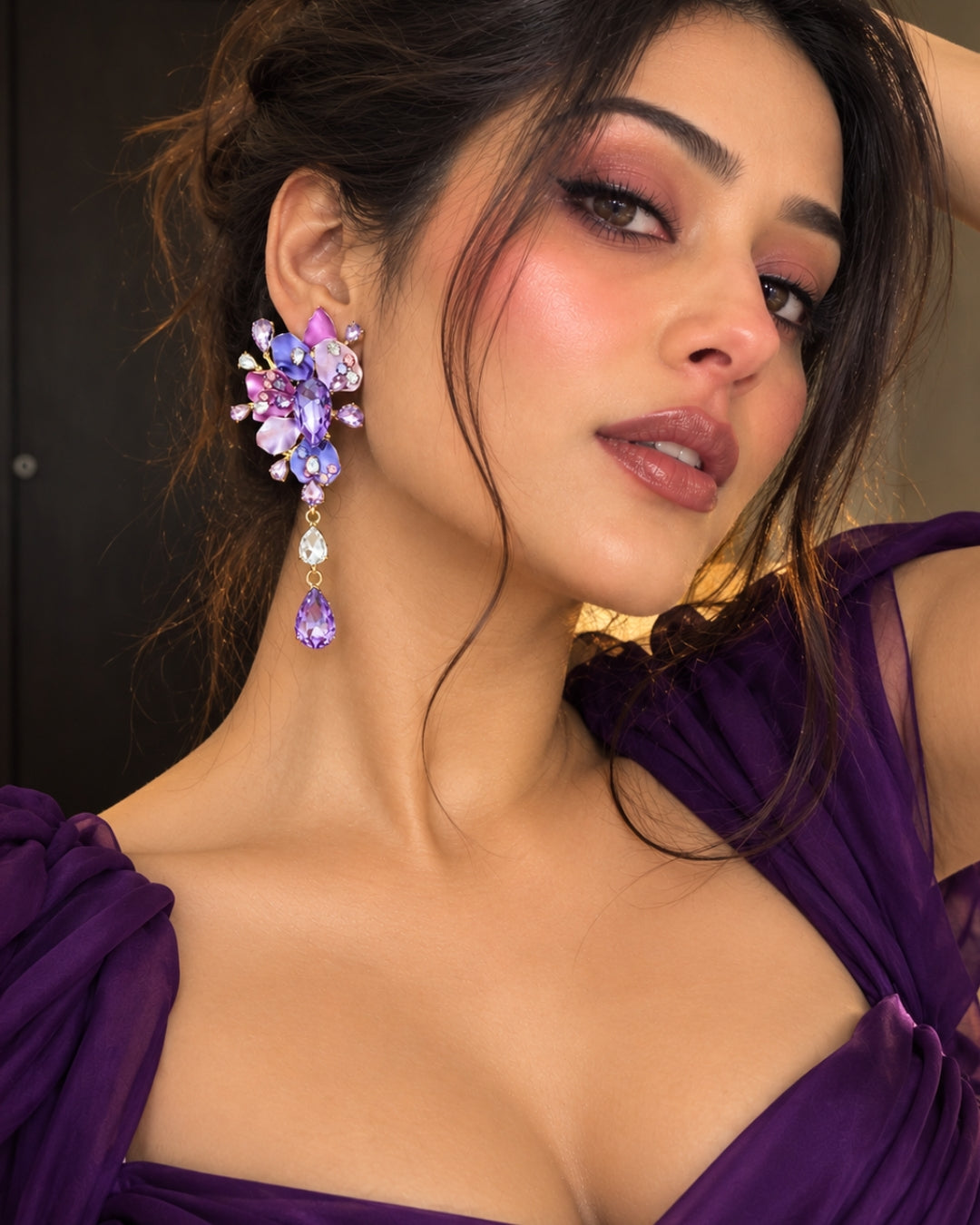 Purple Rhinestone Flower Tassel Drop Earrings