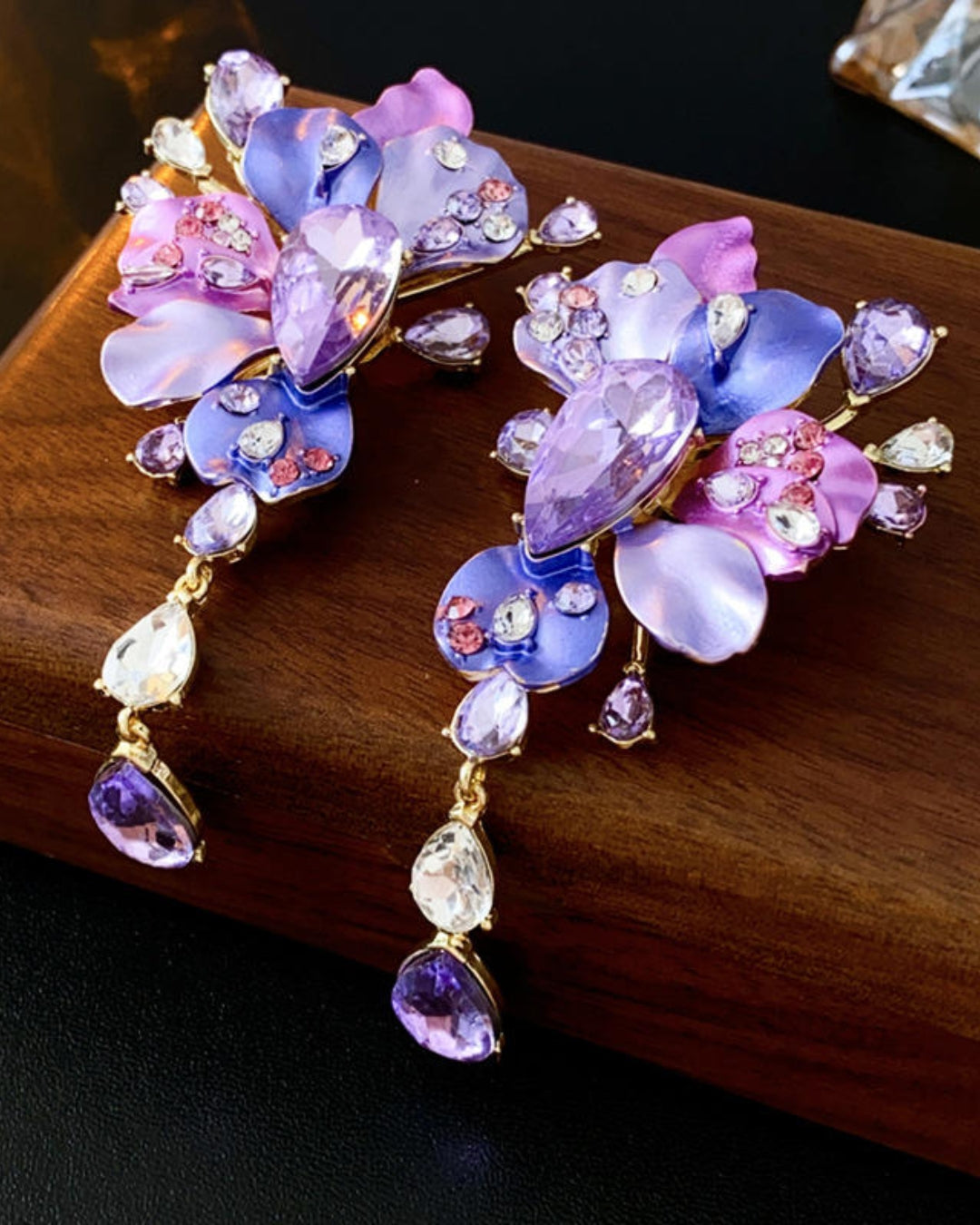 Purple Rhinestone Flower Tassel Drop Earrings