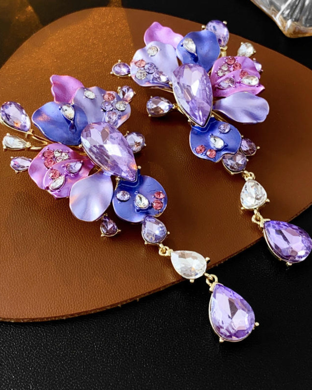 Purple Rhinestone Flower Tassel Drop Earrings