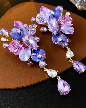 Purple Rhinestone Flower Tassel Drop Earrings