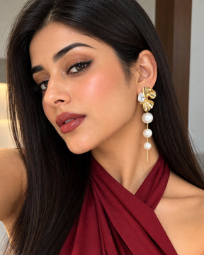 Pearl Golden Flower Petal Tassel Drop Earrings