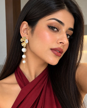 Pearl Golden Flower Petal Tassel Drop Earrings