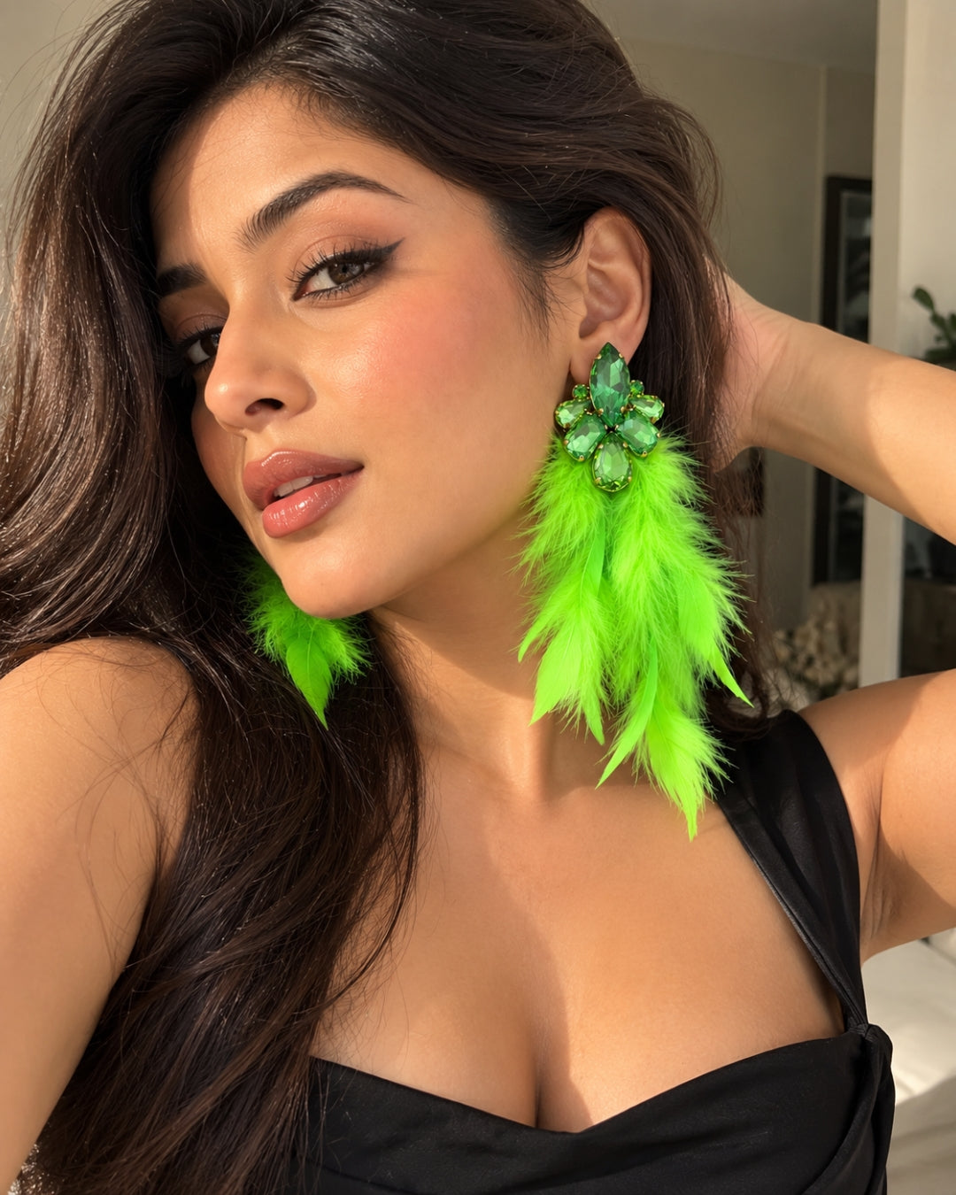 Green Rhinestone Feather- Lite Drop Earrings