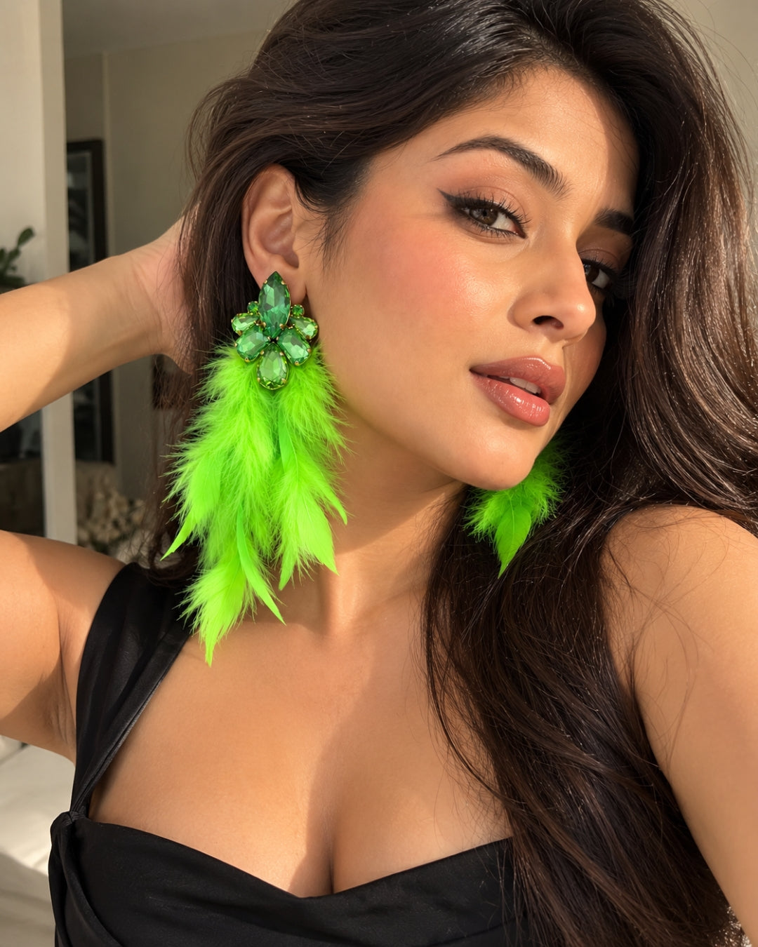 Green Rhinestone Feather- Lite Drop Earrings