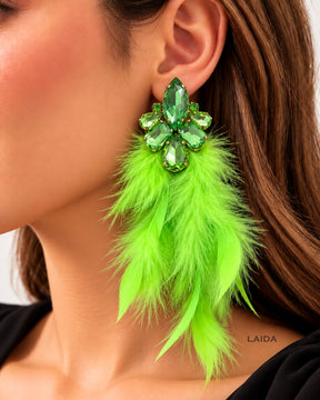 Green Rhinestone Feather- Lite Drop Earrings