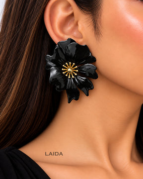 Vintage Black Floral Stud Earrings