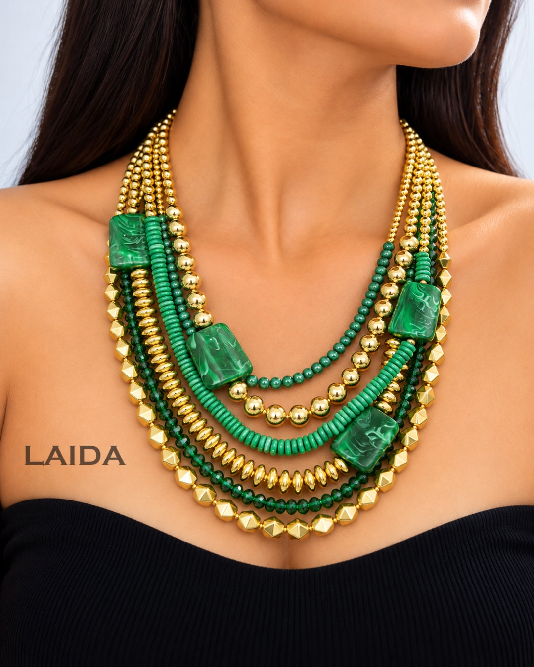 Green Multi Layered Gemstone Beaded Necklace